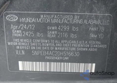 2013 Hyundai Sonata Gls из США, поврежденный, VIN 5NPEB4AC2DH516630